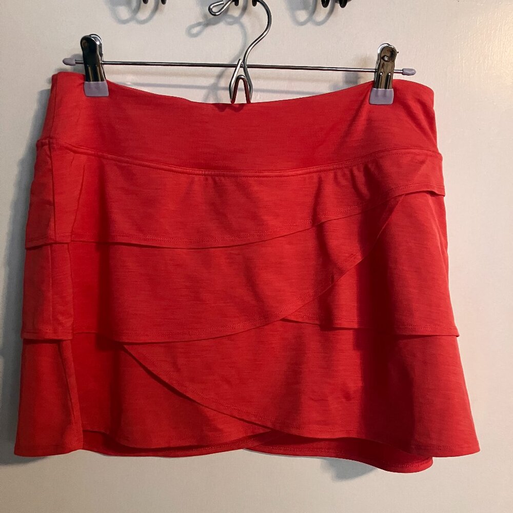 Lija Tennis Skort Large Coral Pink Layered Ruffle Athletic Golf Pickleball Skirt